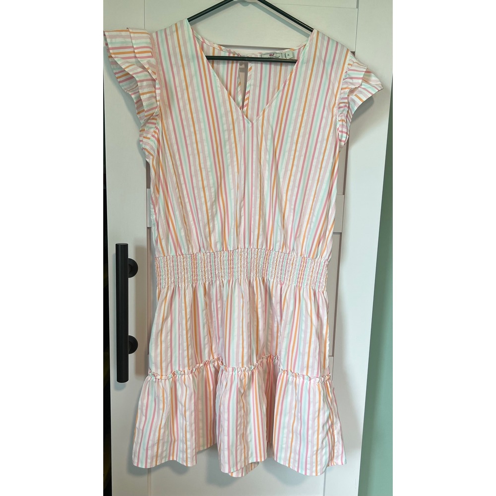 Vineyard Vines Performance Dress XL Pink Orange Stripe Ruffle Mini V-Neck